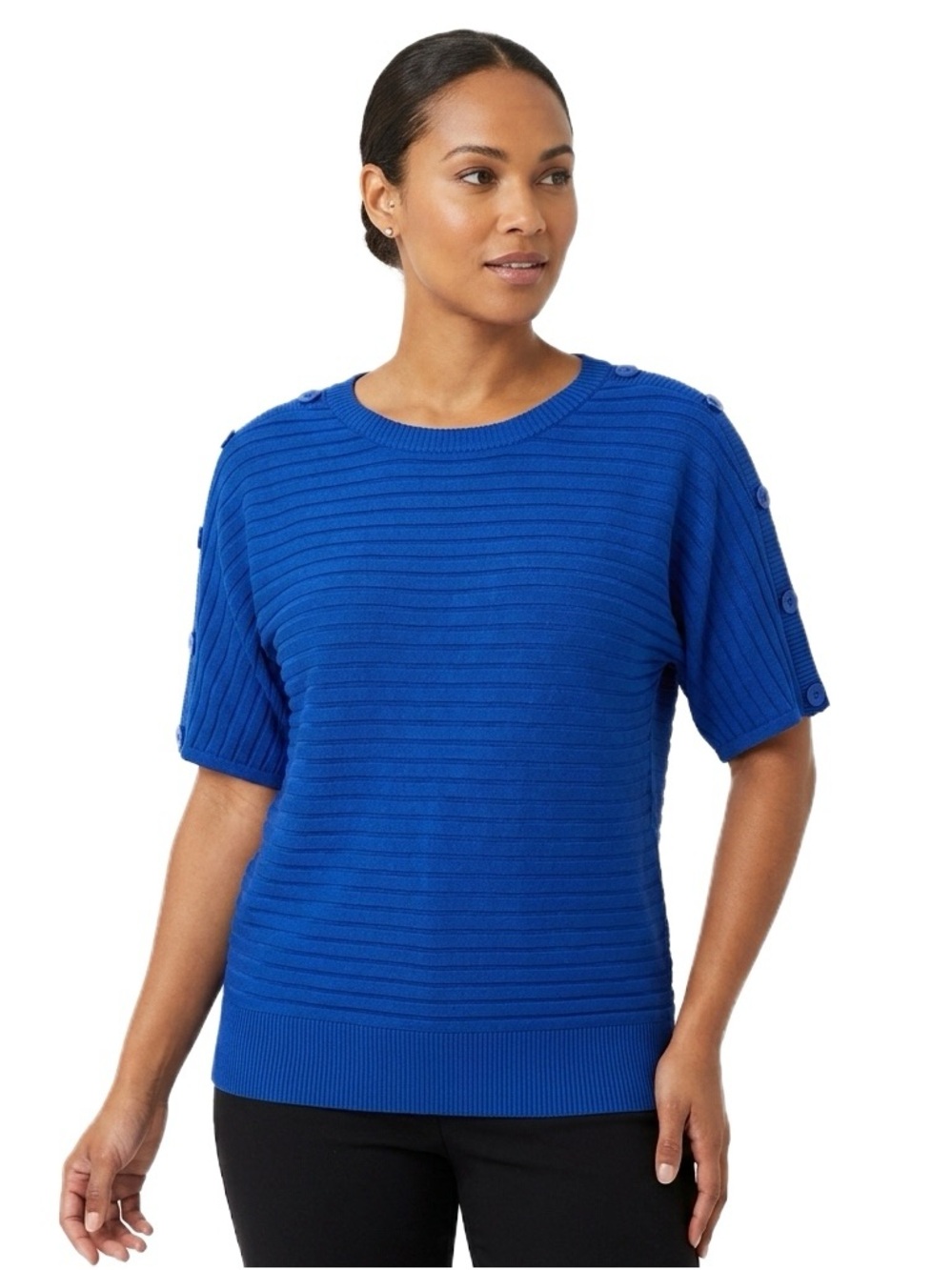 Notations Blue Short Sleeve Button-Shoulder Knit Sweater
